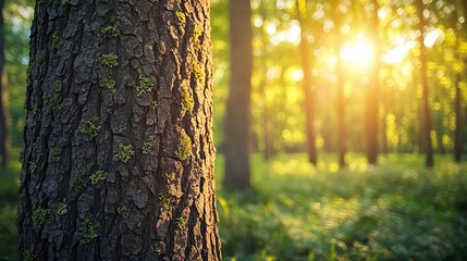 Obraz premium Close-Up of Tree Bark with Sunlight in a Lush Green Forest