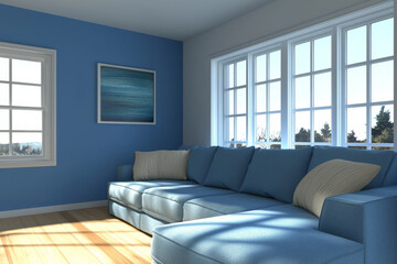 Sunlit blue living room with sectional sofa, large windows, and abstract artwork.