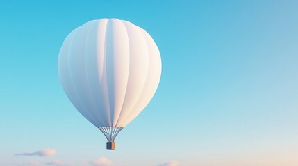 White hot air balloon floats gently in a clear blue sky.