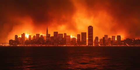 Naklejka premium A dramatic city skyline illuminated by an intense orange glow, suggesting a fire or disaster, with silhouettes of buildings against a fiery backdrop.