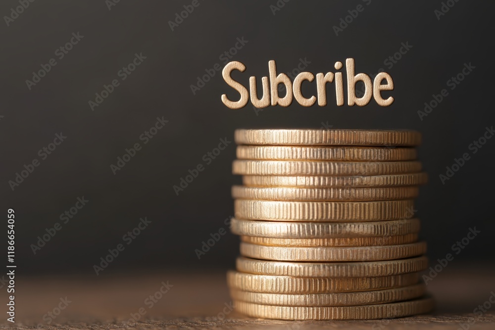 Aufkleber coin stacks rise with the word subscribe displayed prominently above in a minimalist setting