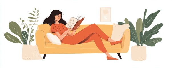 Obraz premium Young woman relaxing on a couch, legs crossed, holding a book in hand sitting at home