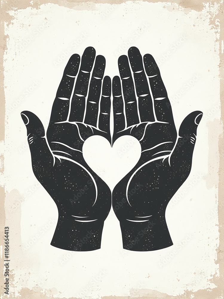Poster family symbol sign features hands in black and white gesture of protection on a textured background 