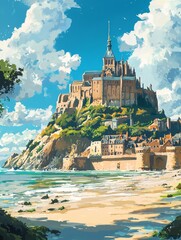 Captivating travel poster for mont saint-michel, showcasing its stunning medieval architecture perched on a rocky island against a backdrop of clear blue skies and soft, fluffy clouds