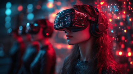 Woman wearing VR headset with friends in vibrant, futuristic setting.