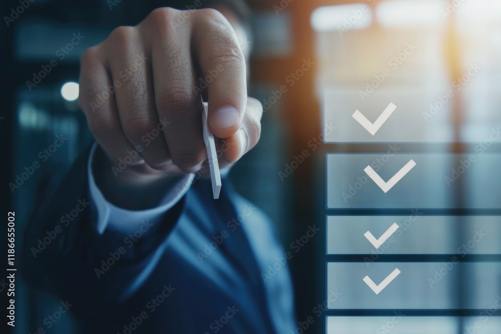 Poster man in a suit points at a check mark on a paper, indicating approval or success