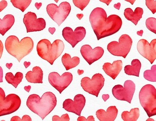 A vibrant pattern of red and pink watercolor hearts overlapping on a white background, creating a romantic and whimsical feel