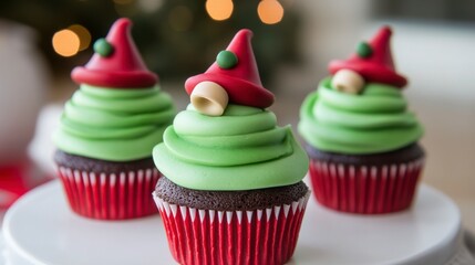 Christmas Elf Cupcakes: Three delightful chocolate cupcakes, adorned with swirls of vibrant green frosting and topped with charming elf hats, create a festive and whimsical holiday treat.