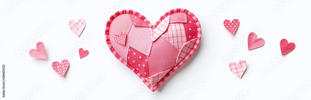 Poster fabric patch heart made of pink pieces isolated on a white background with a transparent png overlay