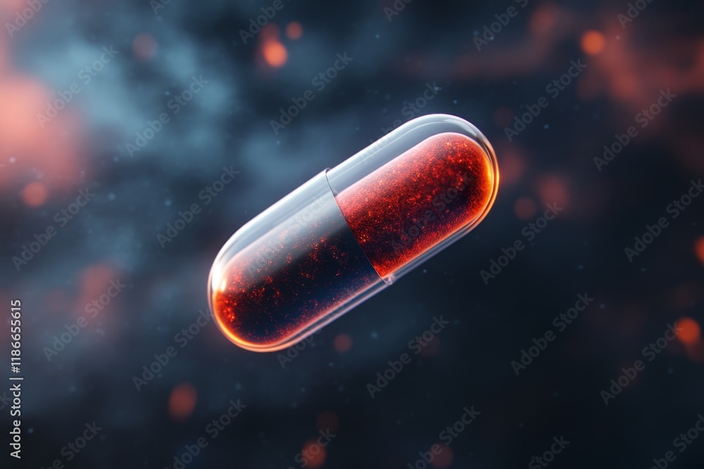 Poster floating red capsule in a mysterious, dark background with swirling colors and light effects
