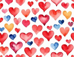 A vibrant pattern of assorted watercolor hearts in red, pink, orange, and blue against a white background