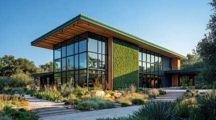 Fototapeta premium Energy-Efficient Barn: A modern barn with large, energy-efficient windows, blending seamlessly into the natural surroundings. A green facade highlights its commitment to sustainability and innovation