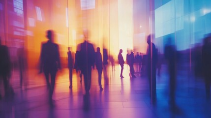 Blurred silhouettes of people walking in a brightly lit modern building.