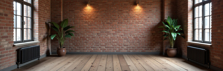 Fototapeta premium Exposed Brick Walls And Wooden Floorboards Create A Raw Grunge Look In This Empty Loft Apartment Space. 00003