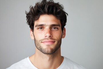 Fototapeta premium Portrait of a young man with curly hair smiling against a plain background
