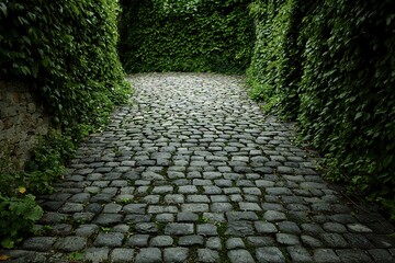 Picturesque Cobblestone Path Lush Green Hedgerows Idyllic Garden Lane