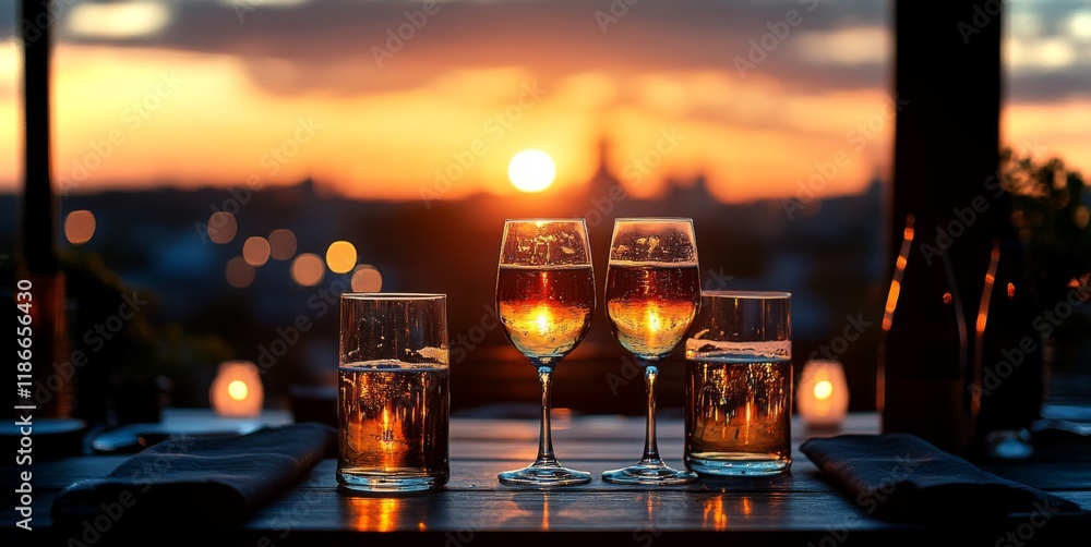 Aufkleber Three glasses of sparkling drinks are placed on a table while the sun sets in the background, casting a warm glow over the city skyline and creating a tranquil atmosphere.