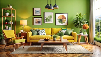 The interior design features a cheerful