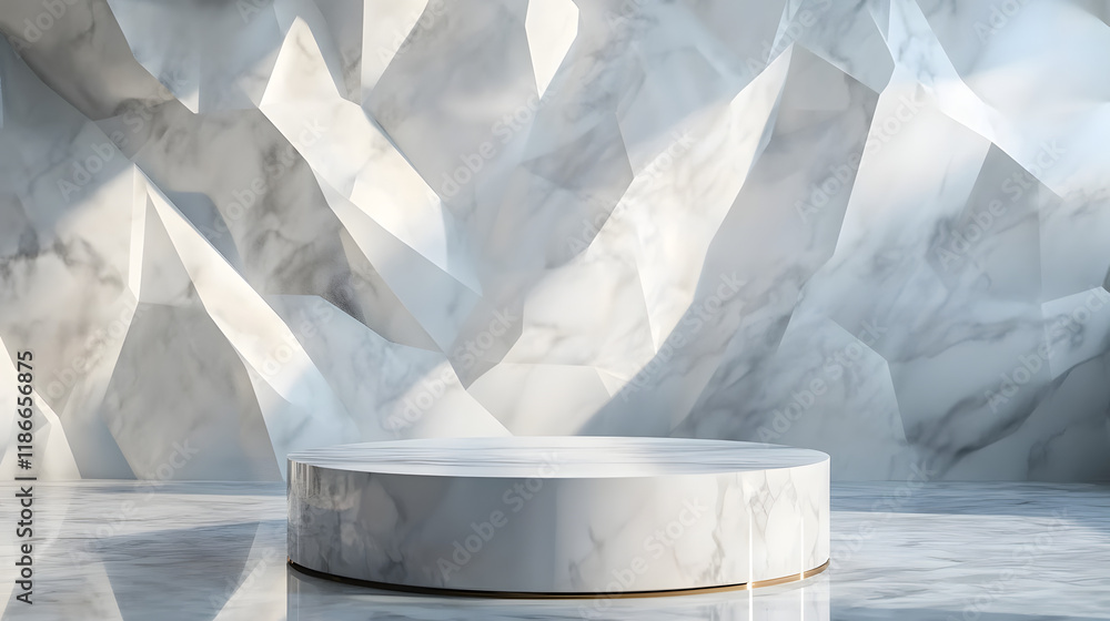 Poster elegant 3d white and gray cylinder stand podium with overlapping triangles perfect for product displ