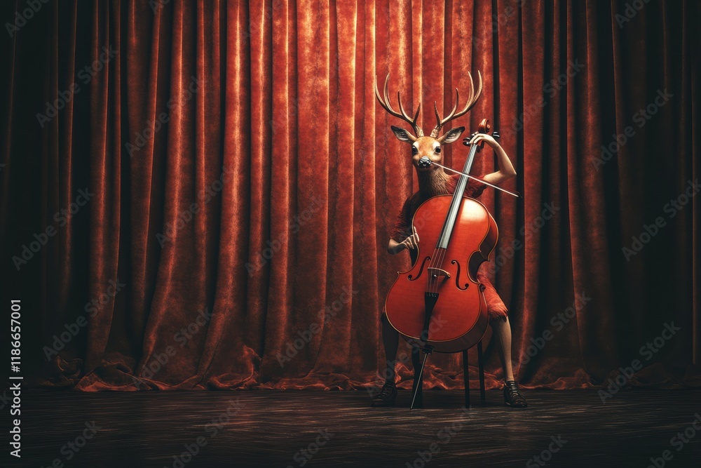 Poster deer performing on cello against a rich curtain backdrop in a theatrical setting during an evening c