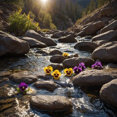 Purple and yellow pansies floating in a rocky mountain stream with sunlight glistening.