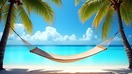 A hammock tied between two palm trees with a tropical ocean backdrop