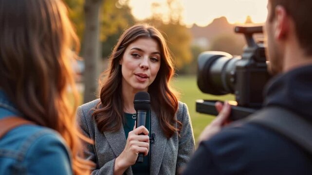 Female reporter interviewing outdoors during golden hour