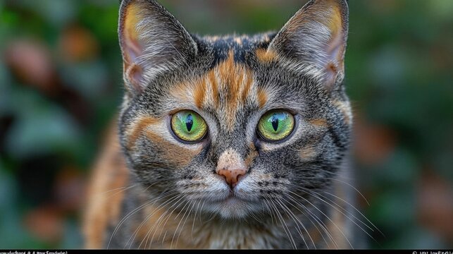 Close-up portrait of a tortoiseshell cat with vibrant green eyes, surrounded by lush green foliage.