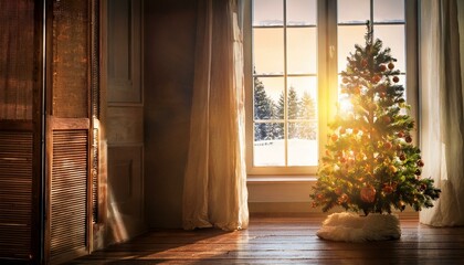 christmas tree with mild coming from the window