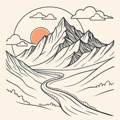 The Dawn's First Light Over an Abstract Mountain Range, Captured Through Fluid Curves and Sharp Peaks, Intertwined with a Play of Delicate and Bold Line Weights