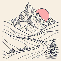 A Surreal Interpretation of the Mountain Range at Dawn, Blending Abstract Curves and Sharp Peaks in an Exploration of Line Weight Variations and Fluid Motion