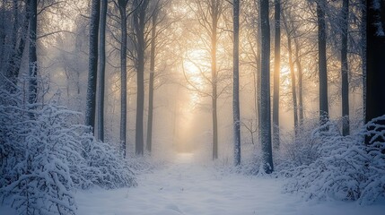 Fototapeta premium A quiet winter morning in the forest, with snow-covered trees and total stillness.