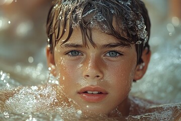 A young boy enjoying his time in the pool, great for summer or kids' activities photos