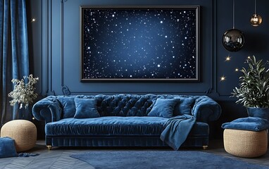 Elegant navy blue living room with star night artwork, plush sofa, and subtle lighting; ideal for home decor websites