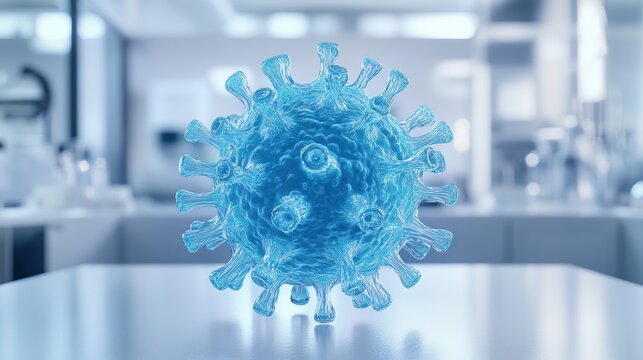 Coronavirus Research: microscopic view of a virus model in a sterile lab setting. The image evokes a sense of urgency and the importance of scientific research in combating infectious diseases.