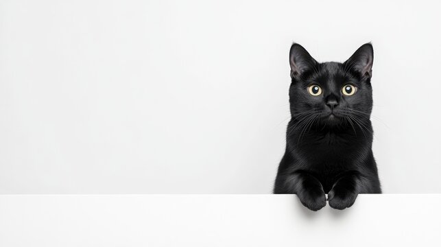 Black cat peeking over white surface, looking directly at camera.