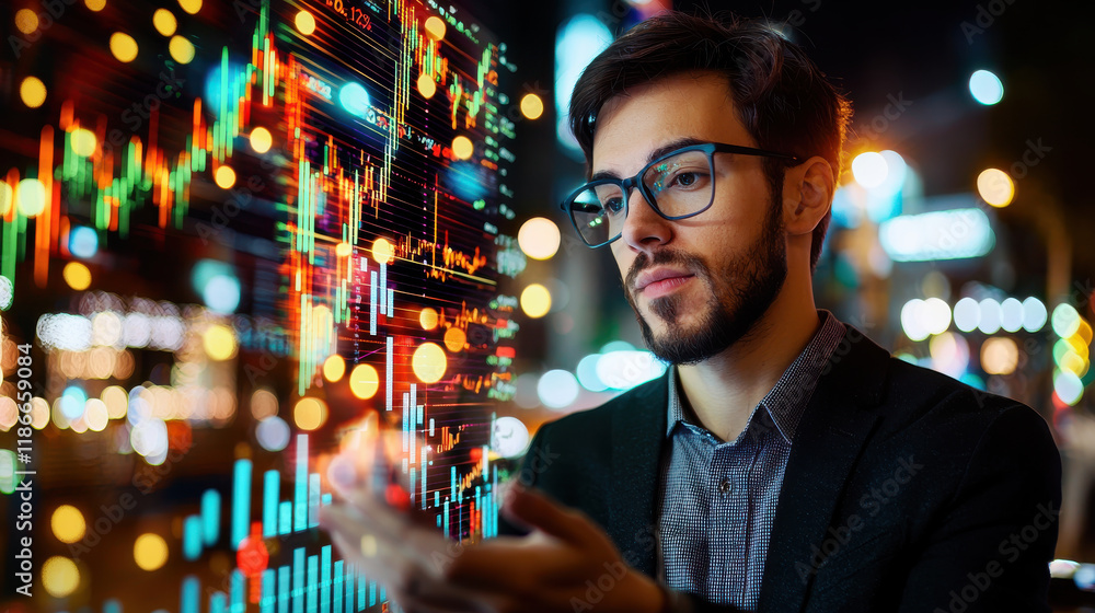 Leinwandbilder business analyst analyzing economic data with digital graphs at night. scene captures focused indivi