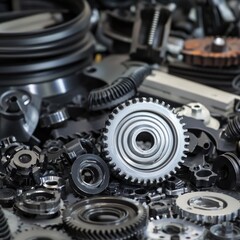 A collection of metal gears and machinery parts