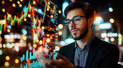 business analyst analyzing economic data with digital graphs at night. scene captures focused individual in professional setting, showcasing modern technology and data visualization