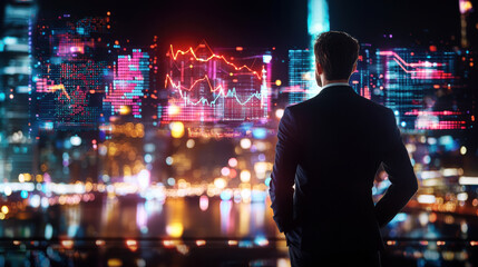 business analyst observing data visualizations and city skyline at night, reflecting on trends and insights. vibrant lights enhance analytical atmosphere