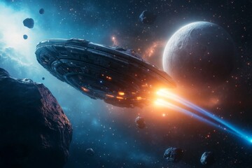 Fototapeta premium A 3D-rendered cosmic scene of a starship flying through an asteroid field, with glowing blue trails left in its wake