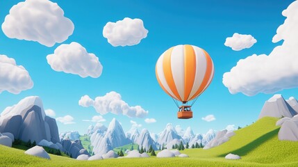Naklejka premium Cartoon hot air balloon floats over idyllic green hills and snowy mountains under a bright blue sky with fluffy clouds.