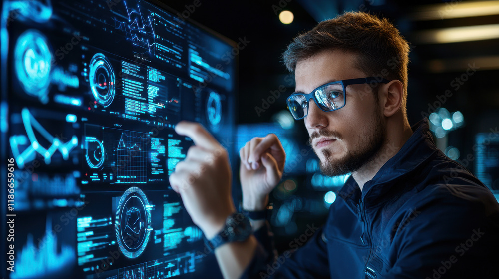Poster business analyst using data visualization to present insights on digital screen, showcasing graphs and analytics in modern workspace