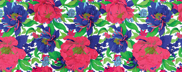 Tropical seamless pattern with palm leaves, banana flower and orchids. Wallpaper drawn in watercolor and pencil.
