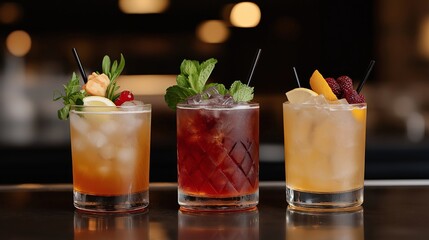 A trio of modern craft cocktails garnished with fresh herbs, citrus slices, and berries, served in glass tumblers with ice, displayed against a dark, elegant bar background