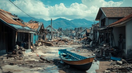 Aftermath of a tsunami in a fishing village.