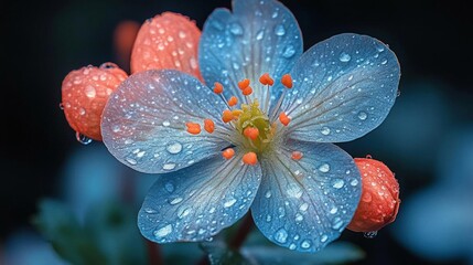 Close-up of a Blue and Orange Flower with Dew Drops