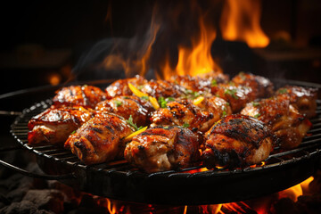 Golden brown grilled chicken meat is cooked on the grill outdoors, Generative AI