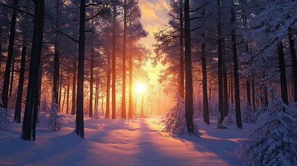 A silent winter forest at dusk, with the sun setting behind snow-covered trees.
