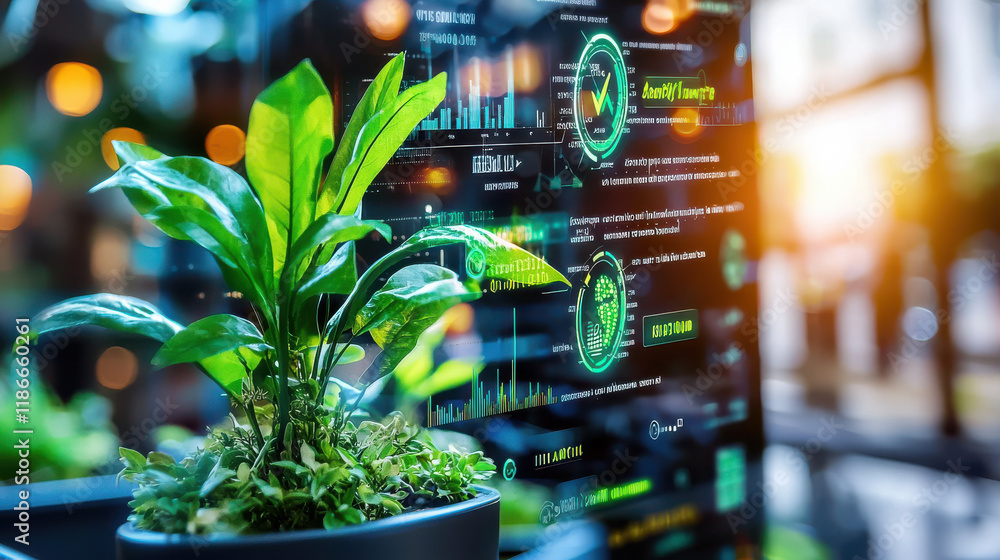 Poster close up of digital screen displaying green ecological data alongside vibrant plant. scene captures 